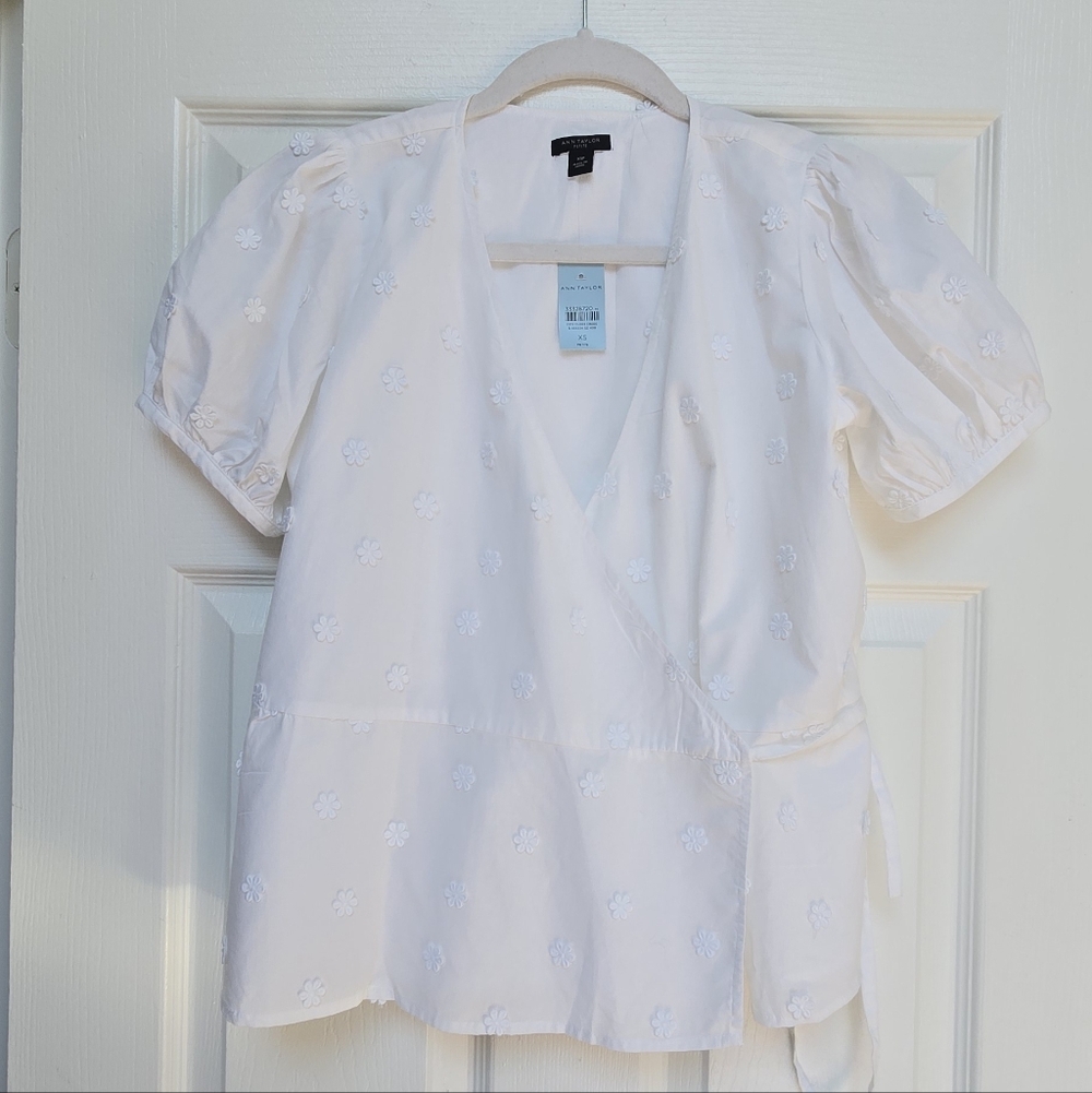 Ann Taylor White Floral Embroidered Wrap Blouse
